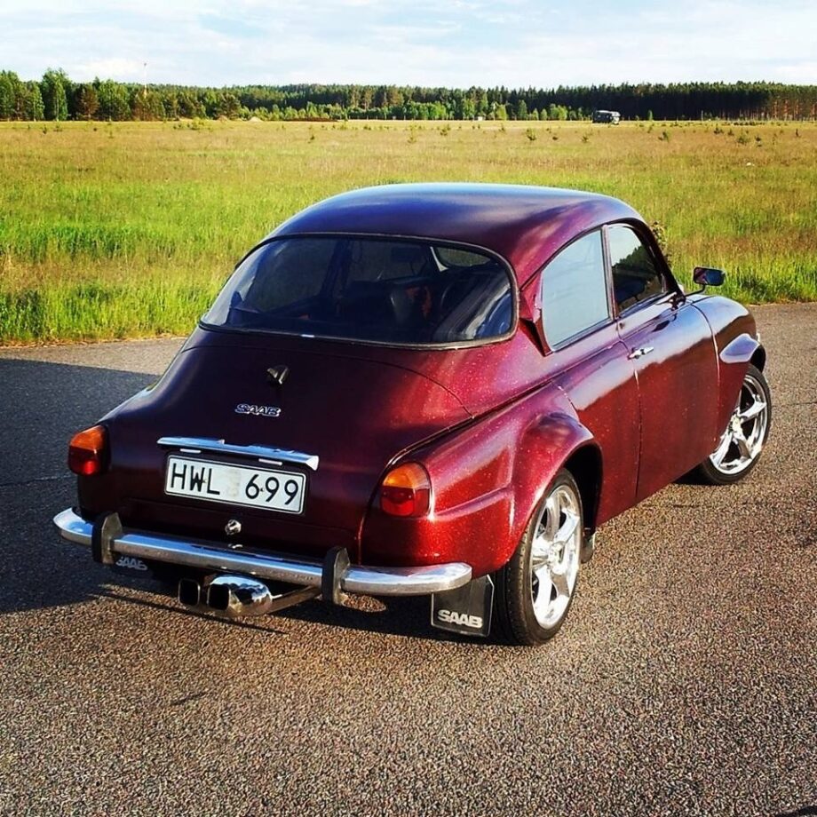 A fire red flake saab from sweden.