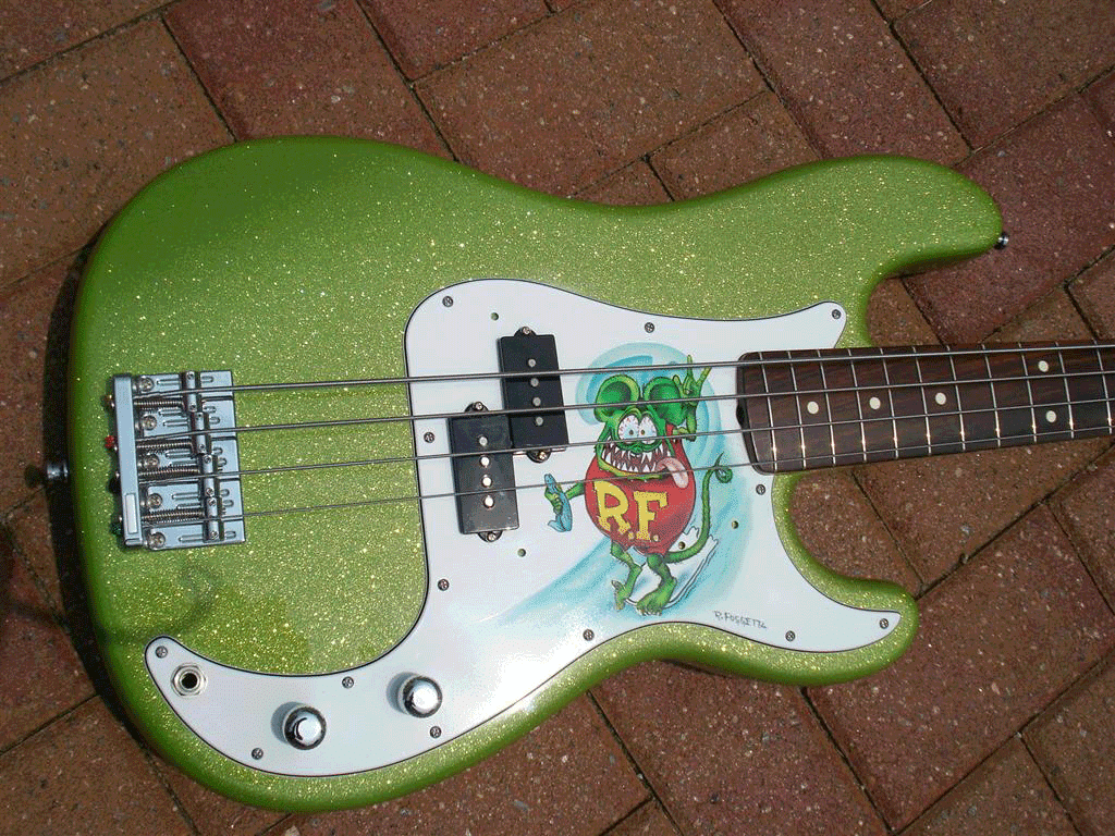 Limetreuse Flake on Rat Fink Guitar