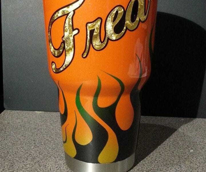 Custom flame paint on Fred's YETI cup.