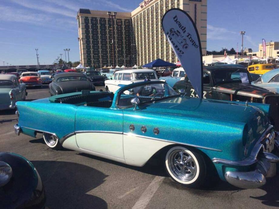 Aqua Blue Metal Flake in .004" size is easy to cover with clear and makes a nice rainbow reflection. This car was painted by Mark Guijarro using PPG GM Teal Base coat. Then used PPG 2002 Clear to cover the flake.