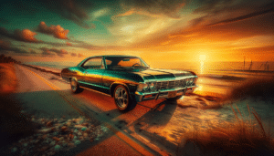 Dall·e 2023 11 12 19. 14. 18 create an image of a 1967 chevy impala parked on a seaside road during sunset. The car has a glossy paint finish that reflects the colors in the image
