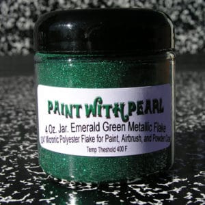 Emerald green metal flake works great in all solvent based paints, epoxies, and even powder-coats.