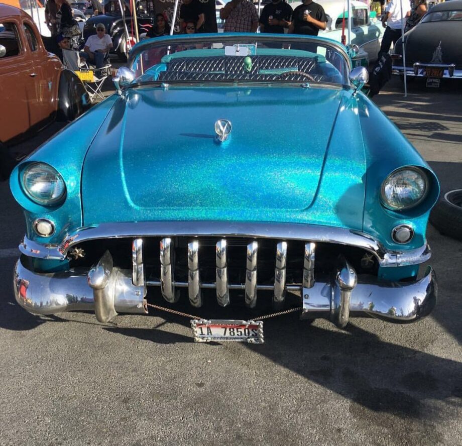 Aqua Blue Holographic flake on a rat rod.