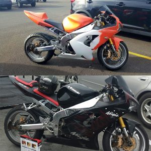 Before and after image of orange thermochromic super bike.