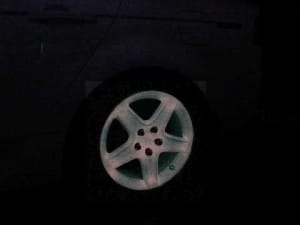 Glow in the dark wheel painted with our pink to orange glow in the dark custom paint pigment.