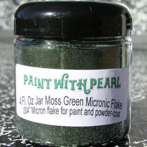 Our moss green metal flake works great in all solvent based paints, epoxies, and even powder-coats.