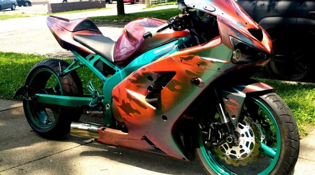 The Thermochromic Chameleon super bike in it's warm state, showing off what's underneath.